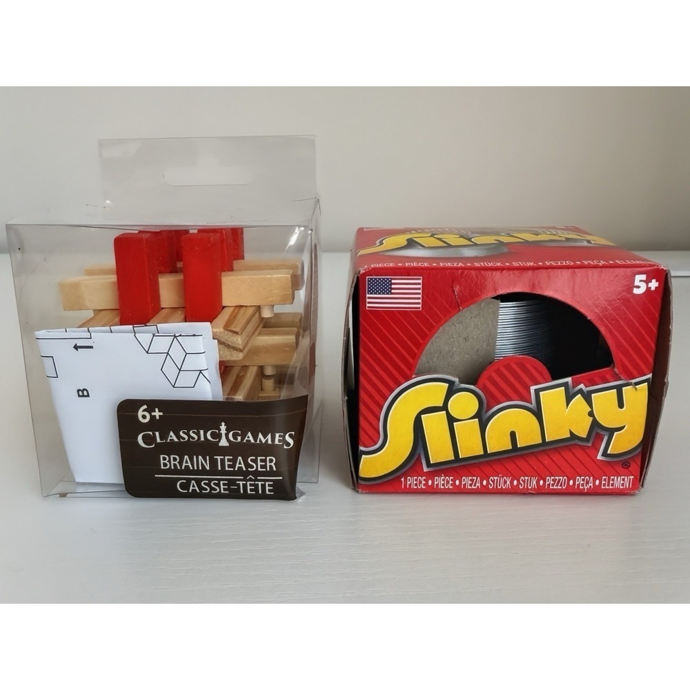 Classic Toy Lot Collection (2) Slinky, Wooden Brain Teaser Pocket Size Game